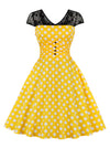 Vintage Polka Dots Floral Lace Cap Sleeve Rockabilly Prom Dress