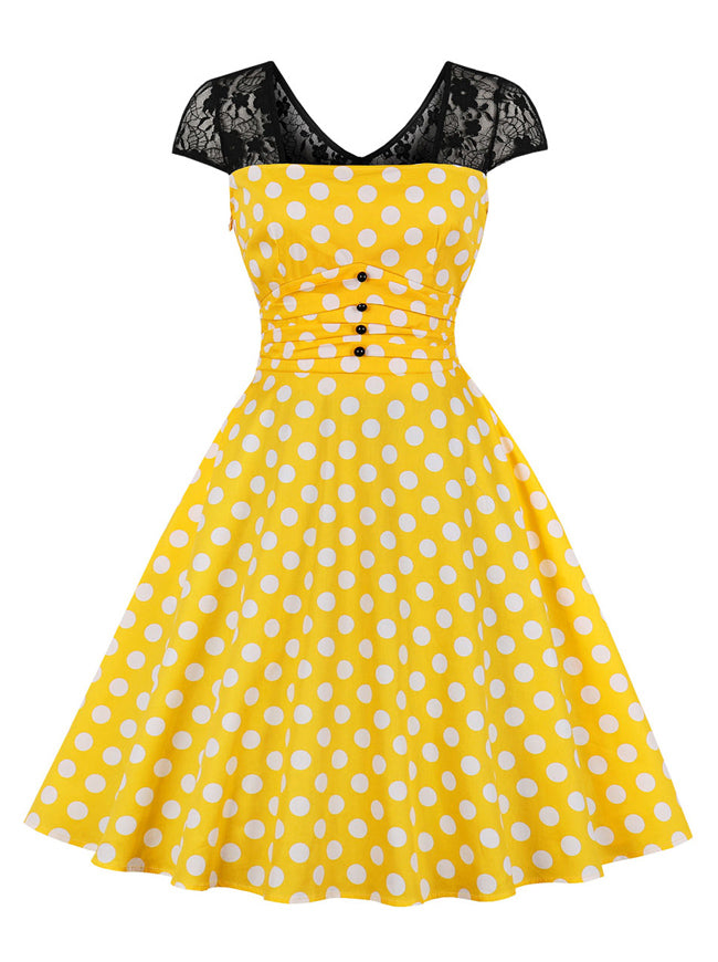 Vintage Polka Dots Floral Lace Cap Sleeve Rockabilly Prom Dress