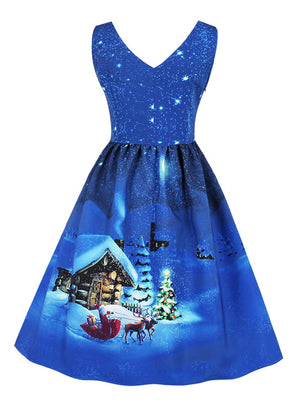 Casual Sleeveless Floral Cocktail Christmas Party Swing Pullover Sweater Dress Back View
