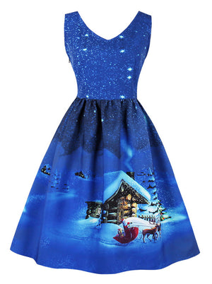 Santa Claus and Reindeer Pattern Cocktail Party Christmas Dress