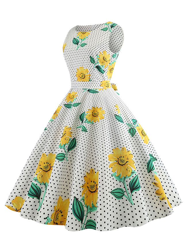 Yellow Vintage Evening Polka Dot Print Tea Length A-Line Bridesmaid Dress for Women Outfits Colorful Side View