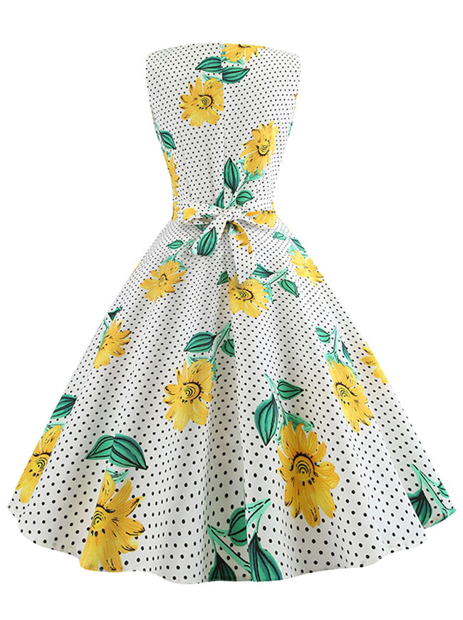 White Yellow Vintage 1950s Style Polka Dot Pattern Sleeveless Cocktail Party Dress for Women Back View