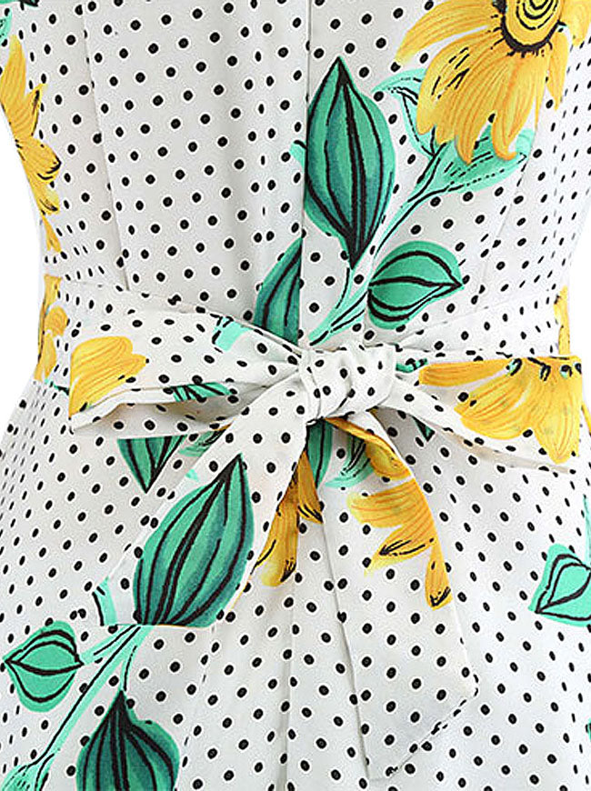 Yellow Vintage Sleeveless Evening Wear Floral Knee Length Cocktail Dress with Belted for Women Detail View