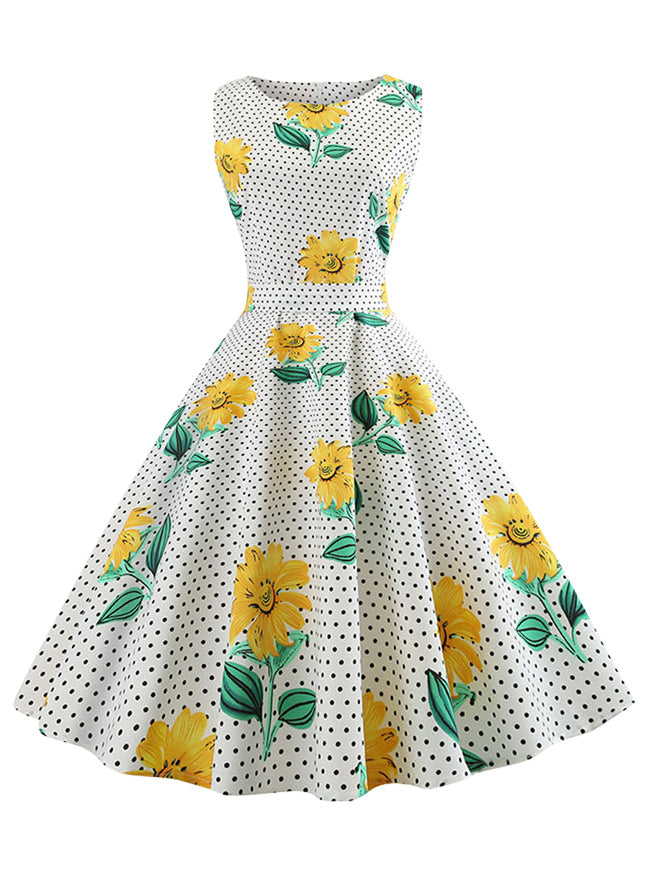 Sleeveless Vintage Style Floral Polka Dot Casual Swing Dress Main View