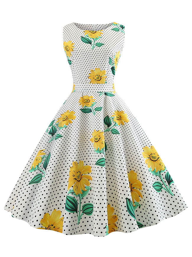 White Yellow Vintage 1950s Style Polka Dot Pattern Sleeveless Cocktail Party Dress for Women Back View