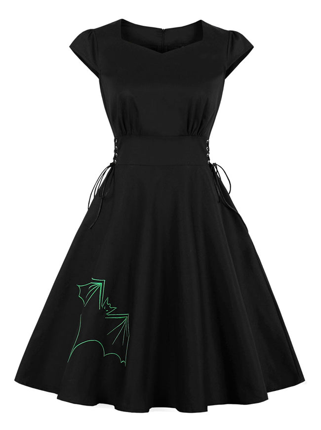 Elegant Vintage Square Neck Cap Sleeve Embroidered A-line Swing Dress