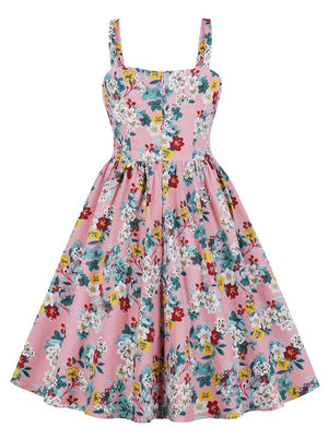 Sweetheart Sleeveless Strap Pink White Floral Printed Casual Knee Length A-line Pin Up Cocktail Party Swing Dress Back View
