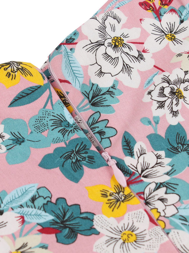 Classic Audrey Style High Waist Full Circle Flared Yellow Floral Casual Slim Fit and Flared Dress Detail View