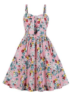 Women's Elegant Sundress Floral Print Strap Vintage Dress with Pocket