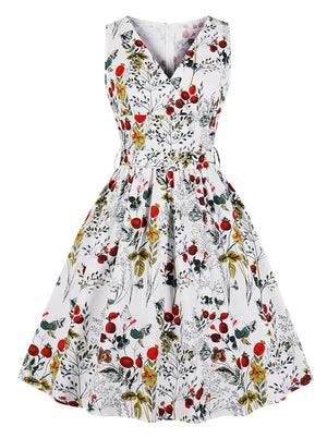 Retro V-Neck Sleeveless Floral Printed Formal Cocktail Dress with Belt