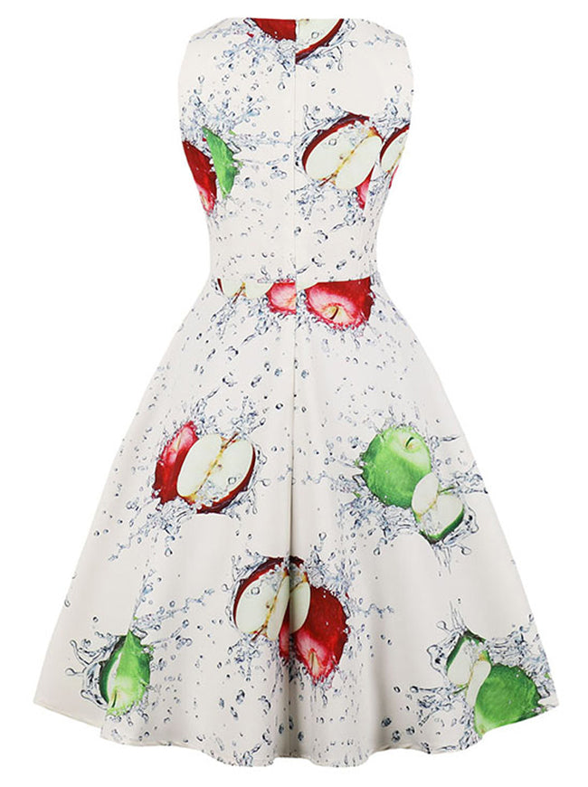 White Vintage Retro Water Apple Printed Fit and Flare Style Cocktail Dress for Women Back View