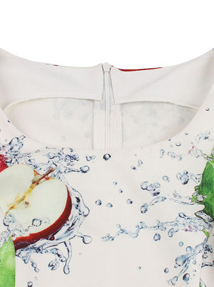 Classy Scoop Neck Apple Print White A-Line Cocktail Dress for Women Detail View