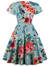 Vintage Short Sleeves Cotton Cute Flower Print A-line Midi Length Summer Dress for Women Back View