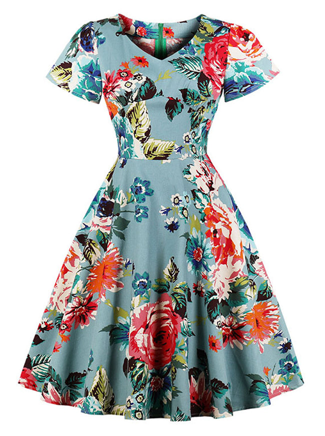 Vintage Floral V Neck Short Sleeve Swing Cocktail Party Dress