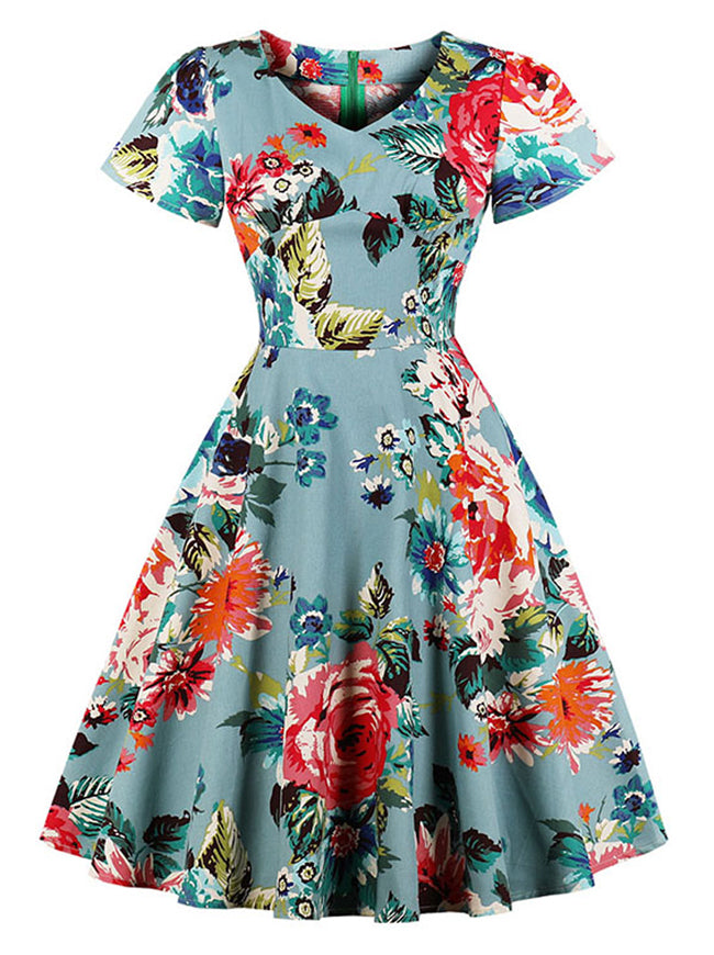 Colorful Floral Pattern 50s Rockabilly V Neck Fit and Flared Calf Length Empire Waist Evening Dress for Women Detail View