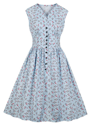 Women's 1950s Vintage Floral Printed V Neck Sleeveless Swing Tea Dress