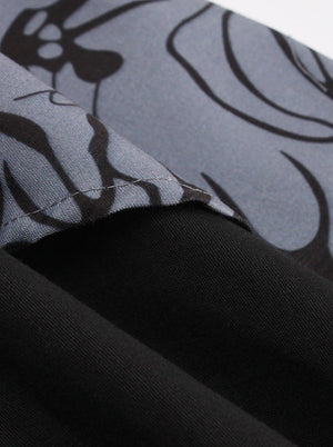 Black Purple Floral Colorblock Turn Down Collar Fit And Flare Party Dress for Women Detail View