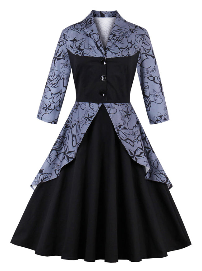 Retro Rockabilly Rose Print Cocktail Party Dress with Half Sleeve Main View