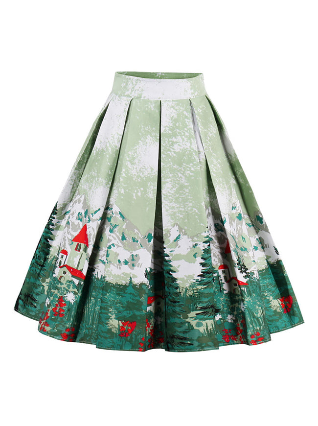 Women's Forest Mountain Print High Waist Knee Length Christmas Skirt