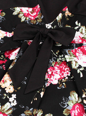 Black Vintage Floral Pattern ColorBlock Style A-Line Casual Semi Formal Dress Red Bow Belt Detail View