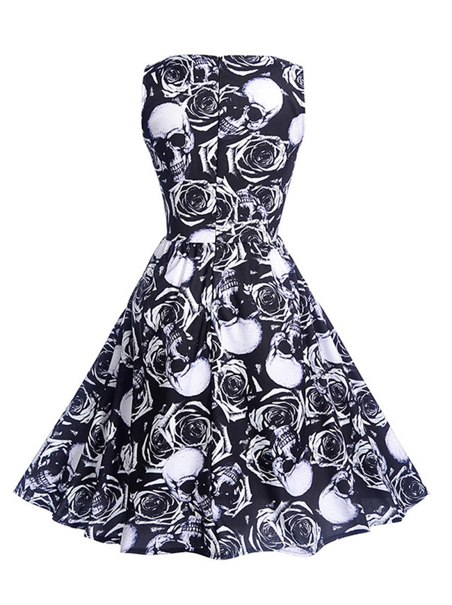 Elegant Black Skulls Totem Printed Fit and Flared Halloween Party Dress for Women Back View