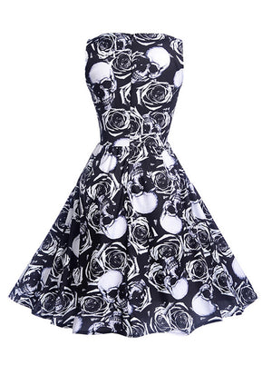 Elegant Black Skulls Totem Printed Fit and Flared Halloween Party Dress for Women Back View
