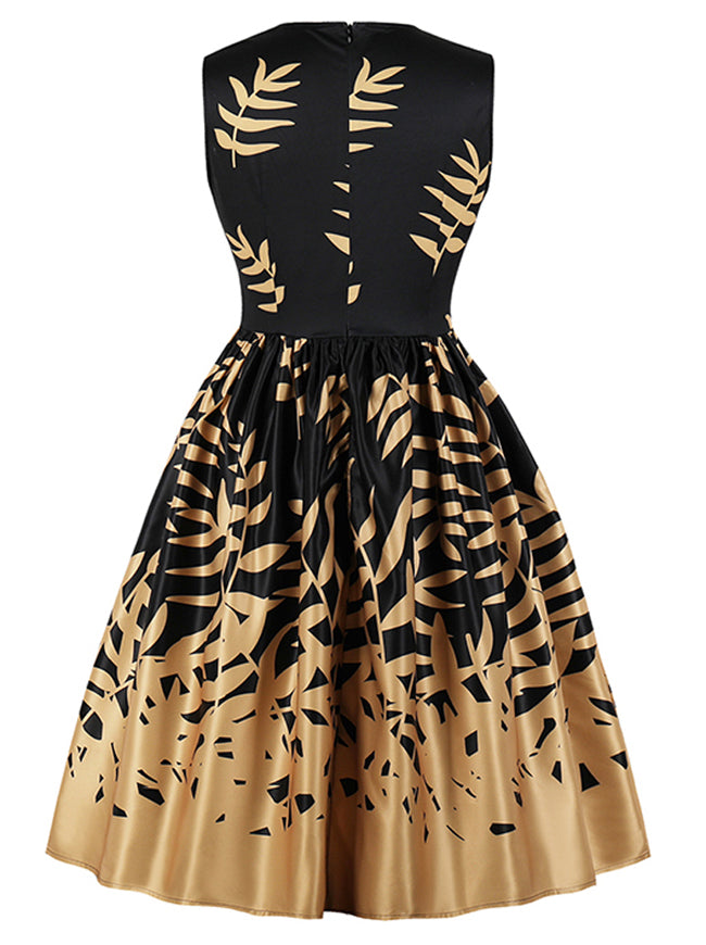 Black Elegant Leaves Floral Printed Sleeveless Round Neck A-line Dress Cocktail Dress for Women Back View