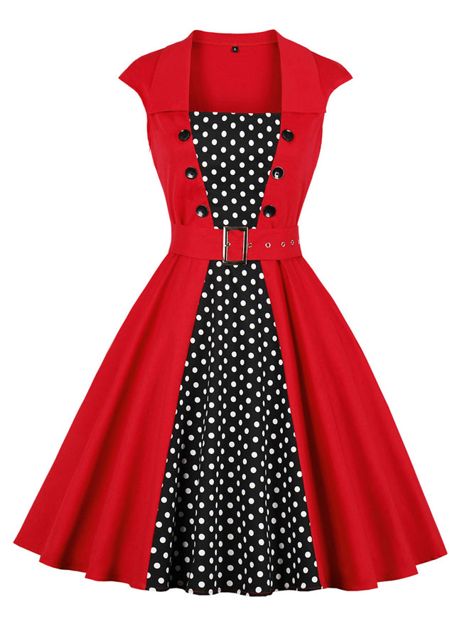 Vintage Retro Polka Dots Printed Cocktail Christmas Party Dress with Pockets Main View