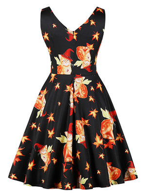 Vintage Cat Pattern Maple Leaf Print Cocktail Dress For Halloween Party