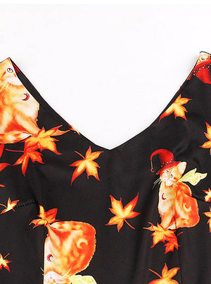 Vintage Cat Pattern Maple Leaf Print Cocktail Dress For Halloween Party