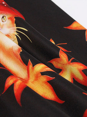 Vintage Cat Pattern Maple Leaf Print Cocktail Dress For Halloween Party