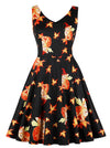 Vintage Cat Pattern Maple Leaf Print Cocktail Dress For Halloween Party