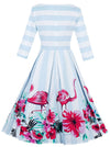 Vintage Half Sleeves Flamingo Floral Print Striped Pleated Dress