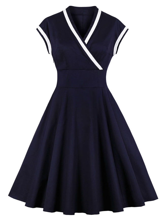 Cotton V-Neck Dress Blue Tea Length Chic Warp V-Neck Fit Flared Skater Dress Detail View