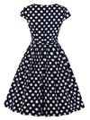 Vintage 1950 Style Polka Dots Print Cocktail Round Neck Cap Sleeve Retro Swing Dress Detail View