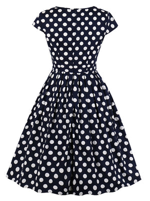 Vintage 1950 Style Polka Dots Print Cocktail Round Neck Cap Sleeve Retro Swing Dress Detail View
