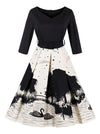 Vintage Swan Print Half Sleeve A-Line Cocktail Party Pleated Dress with Belt Mian View