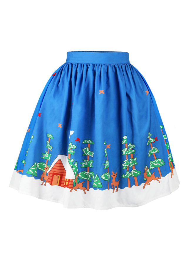 Blue Vintage Floral Stretchy A-Line Pleated Vintage Mini Cocktail Skirts Detail View