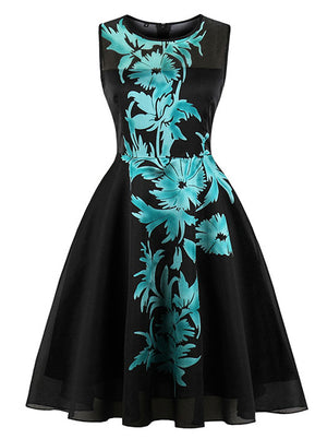 1950s Vintage Sleeveless Print Tea Swing Cocktail Party Dress Main View