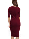 Wine Red Half Sleeve Pencil Business Work Midi Dress Model Show Back View