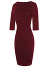 Classy Round Neck High Waist Wine Red Tea Length Evening Dating Dress for Women Side View