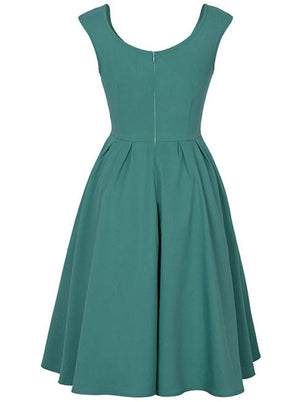 Vintage Round Neck Sleeveless Fit and Flare Green Tank Dress Skater Midi Dress Back View