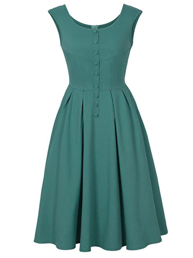 Vintage Round Neck Sleeveless Fit and Flare Green Tank Dress Skater Midi Dress Back View