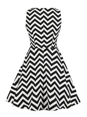 Women Retro Fashion Summer Black White Waves Pattern High Waist Tea Length Rockabilly Party Dress Back View
