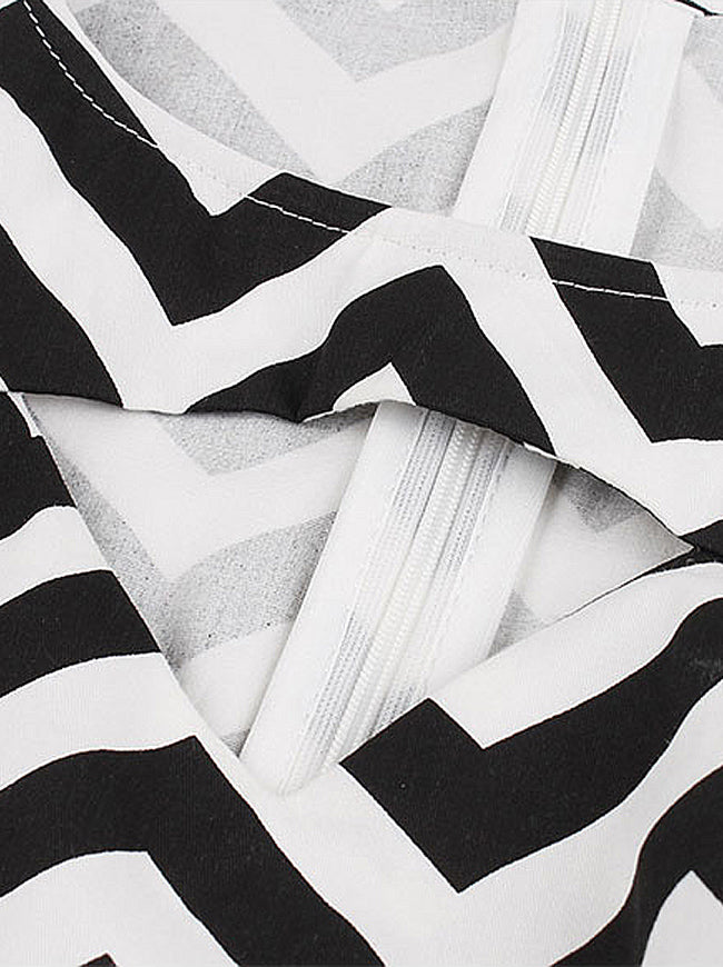 Black White Waves Printed Sexy Hollow Out PinUp Style Wear to Work Dress for Women Detail View
