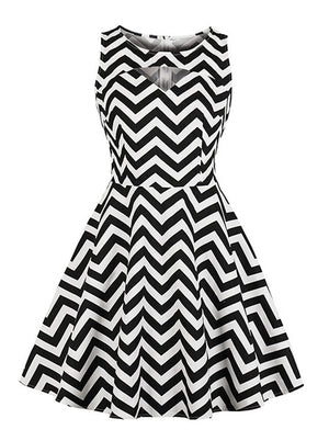 Sleeveless Retro Style Irregular Stripes Fit Flared Swing Dress Main View
