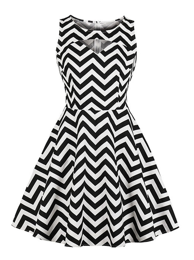 Sleeveless Retro Style Irregular Stripes Fit Flared Swing Dress Main View