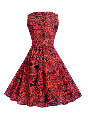 Red Halloween Skulls Totem Printed Fit and Flared Christmas Party Dress for Women Back View