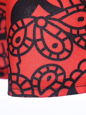 Black Red Fashion Comfy Pattern Printed Fancy Skater Holiday Party Midi Dress For Women Detail View