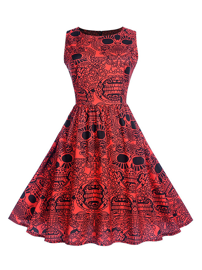 Black Red Fashion Comfy Pattern Printed Fancy Skater Holiday Party Midi Dress For Women Detail View